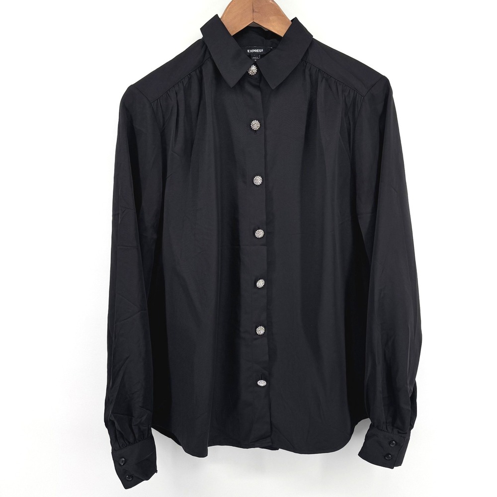 Express Blouse Black Rhinestone Button Up Long Sleeve Holiday Formal Top Women S